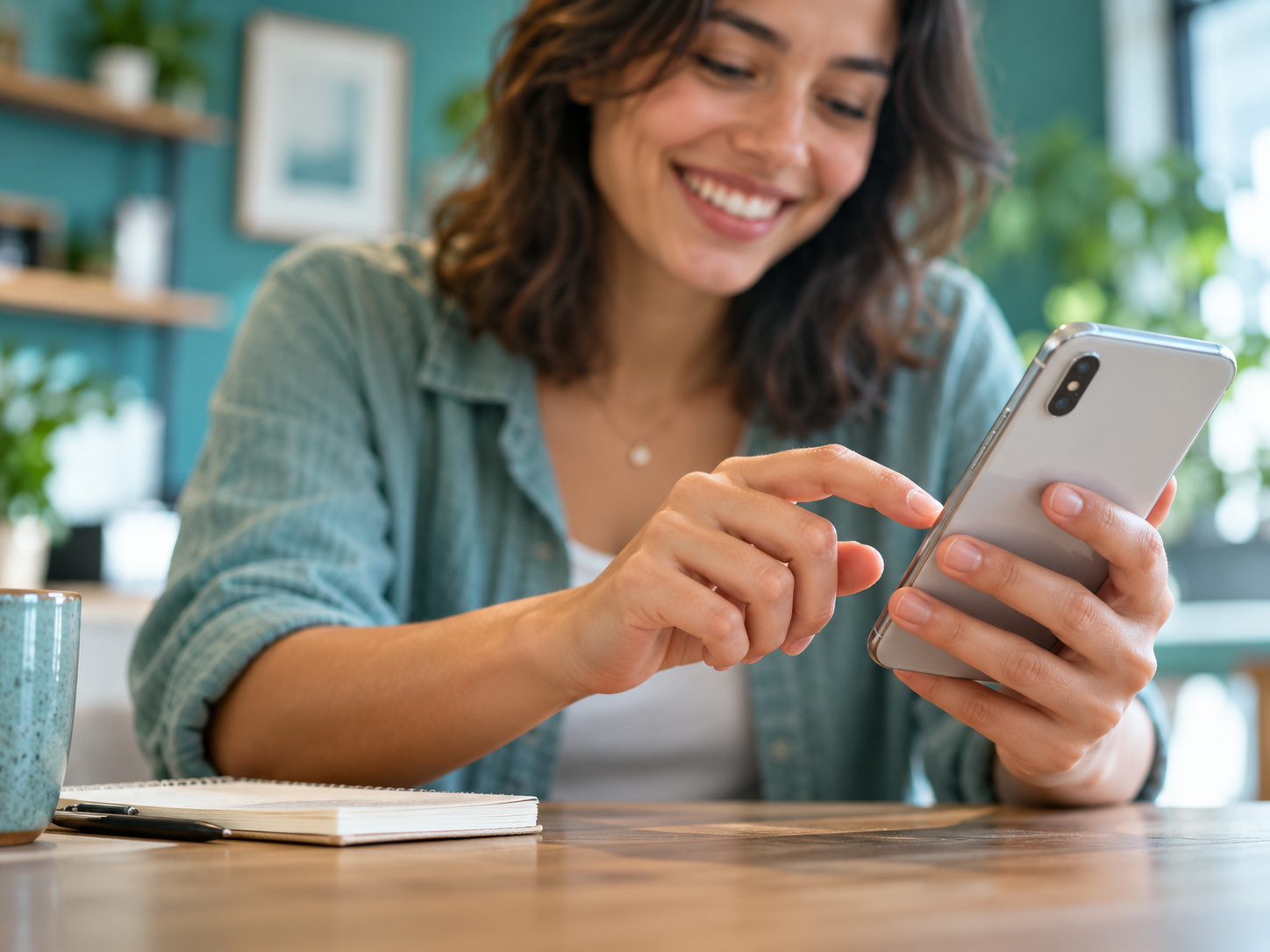 A hand tapping a phone with a smile