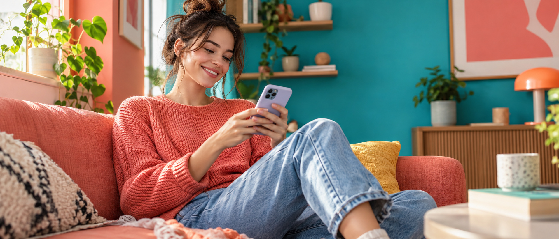 A cheerful person glancing at a phone notification